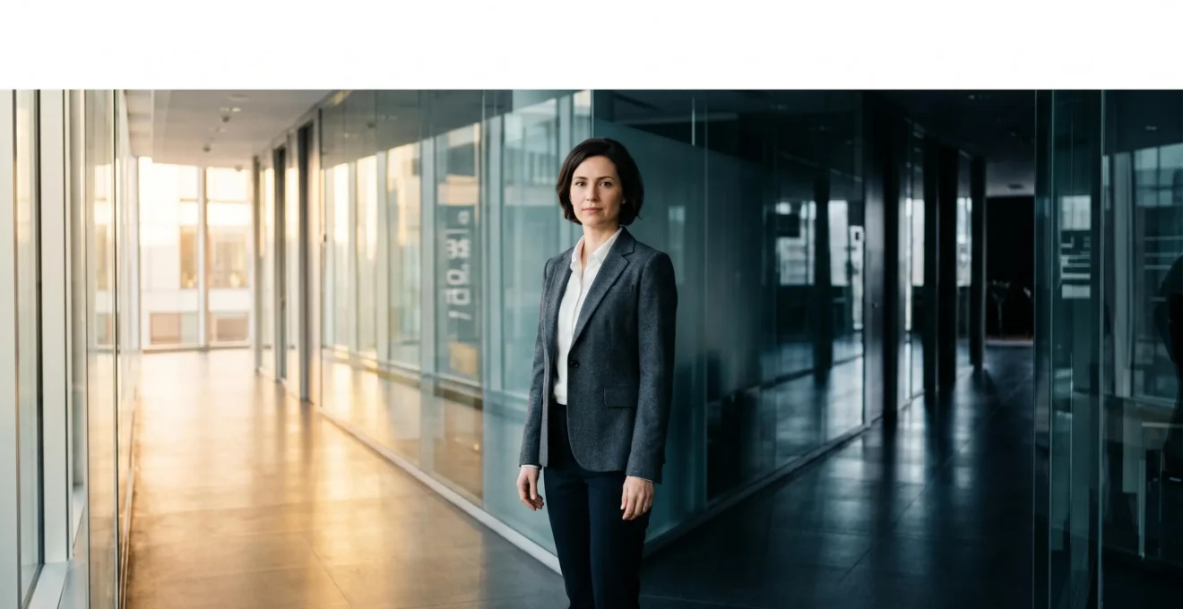 Professional standing at crossroads between transparent ethical path and shadowy political corridors in modern office environment