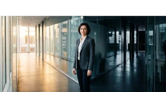 Professional standing at crossroads between transparent ethical path and shadowy political corridors in modern office environment