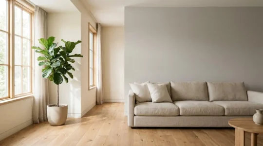 A serene home interior bathed in soft natural light with clean lines and calming neutral tones creating a peaceful sanctuary atmosphere