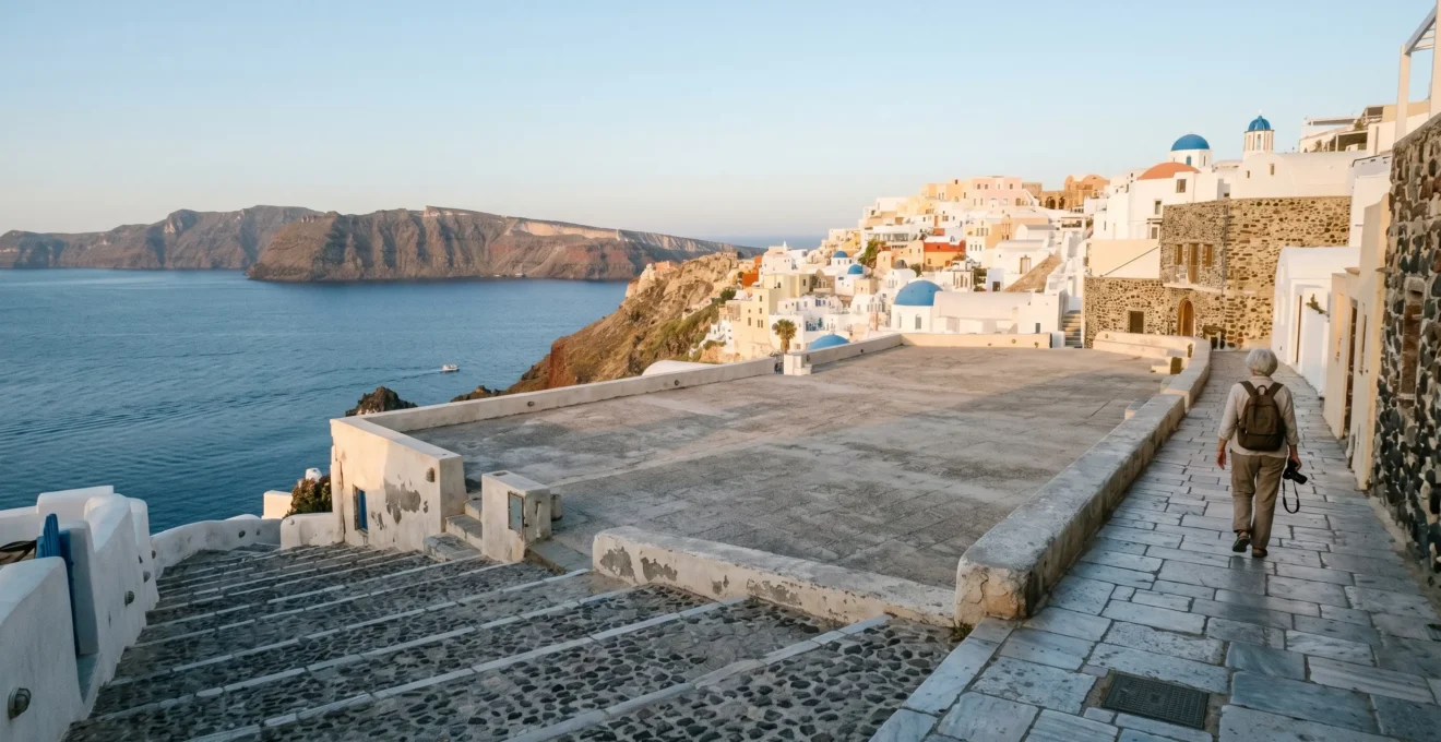 A serene historical landmark plaza at dawn with minimal visitors, illustrating the tranquil experience of strategic travel timing