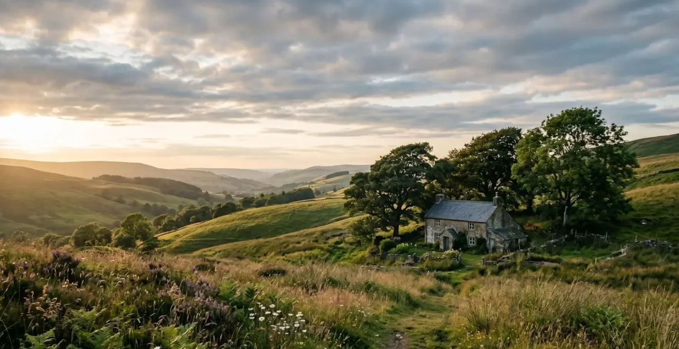 Serene countryside landscape at golden hour with rolling hills and tranquil atmosphere perfect for mental restoration