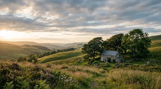 Serene countryside landscape at golden hour with rolling hills and tranquil atmosphere perfect for mental restoration