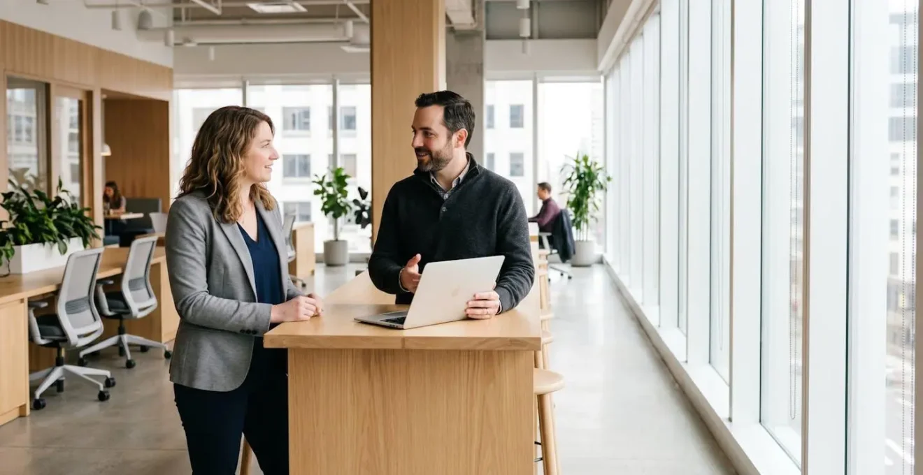 Two professionals engaging in collaborative discussion across a modern open workspace with subtle emphasis on organic relationship dynamics