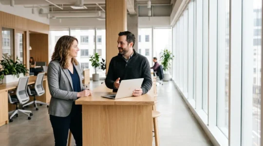 Two professionals engaging in collaborative discussion across a modern open workspace with subtle emphasis on organic relationship dynamics