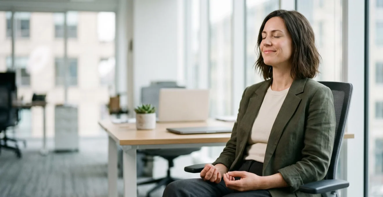 Professional finding calm during busy workday through mindful breathing