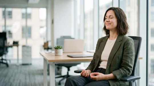 Professional finding calm during busy workday through mindful breathing