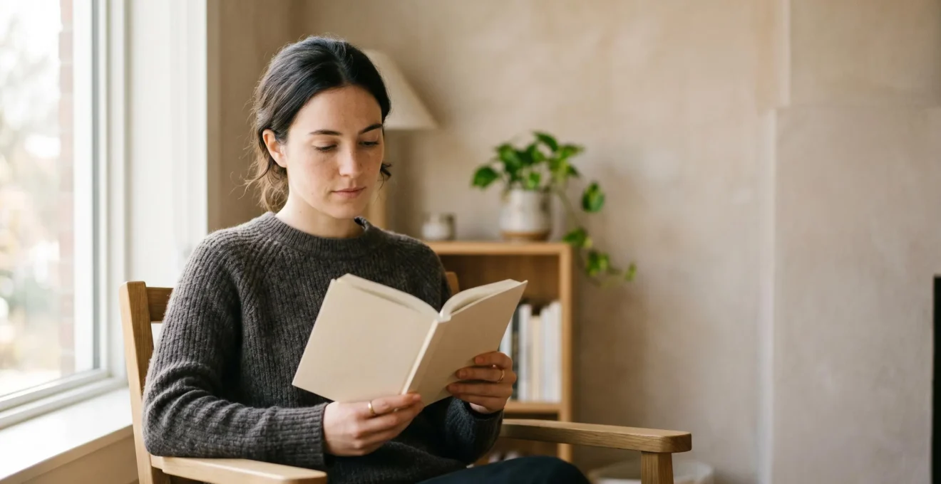 Person deeply absorbed in reading a book in a minimalist setting with warm natural light creating a focused atmosphere