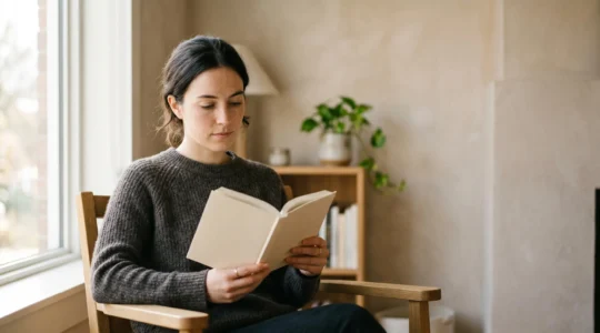 Person deeply absorbed in reading a book in a minimalist setting with warm natural light creating a focused atmosphere