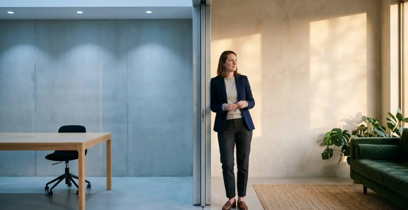 A professional standing at the boundary between illuminated office space and peaceful personal space, symbolizing work-life balance