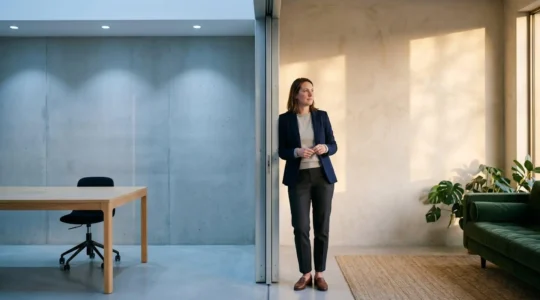 A professional standing at the boundary between illuminated office space and peaceful personal space, symbolizing work-life balance