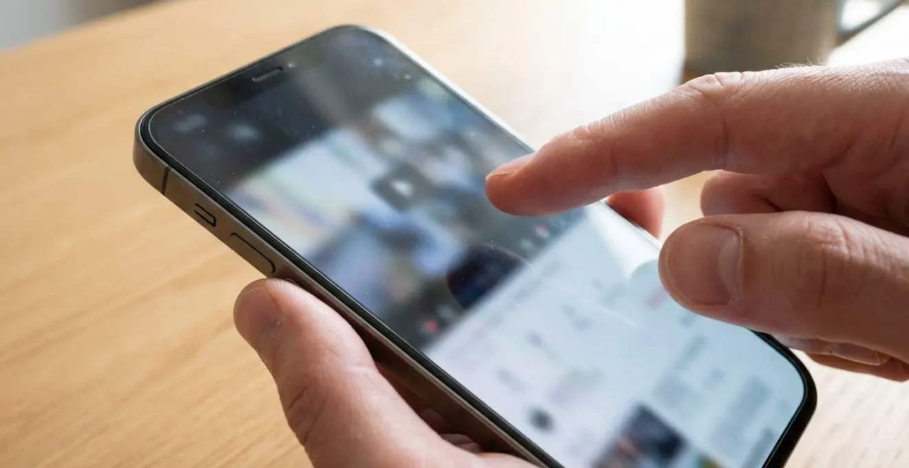 Close-up of a hand holding a smartphone with a blurred video player interface visible on screen