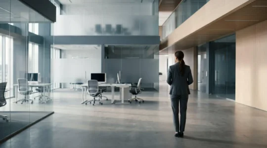 Professional observing subtle organizational signals in a minimalist corporate environment
