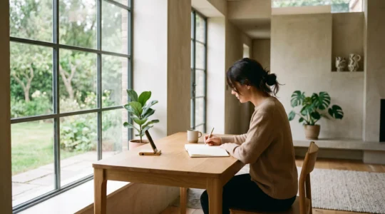 A person working in a balanced, calm environment demonstrating sustainable productivity