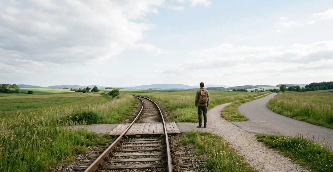 Traveler contemplating sustainable transportation choices with minimal environmental impact