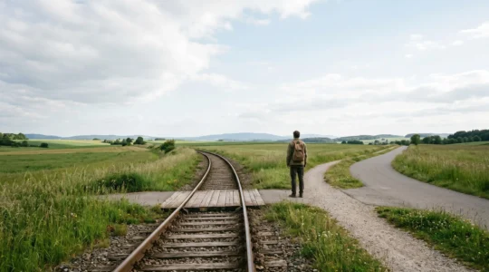 Traveler contemplating sustainable transportation choices with minimal environmental impact