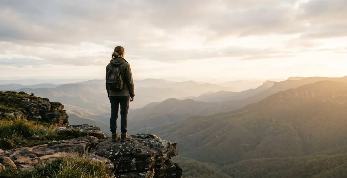 A traveler standing at a scenic overlook, gazing at a vast landscape with mountains and sky, symbolizing transformative travel experiences