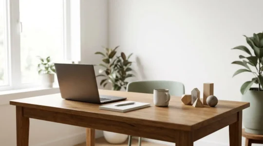 A young professional reviewing personal finance planning materials with investment tools on a clean minimalist desk