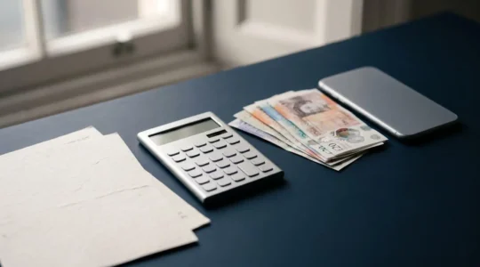Professional composition showing UK credit score improvement journey with clean financial aesthetics