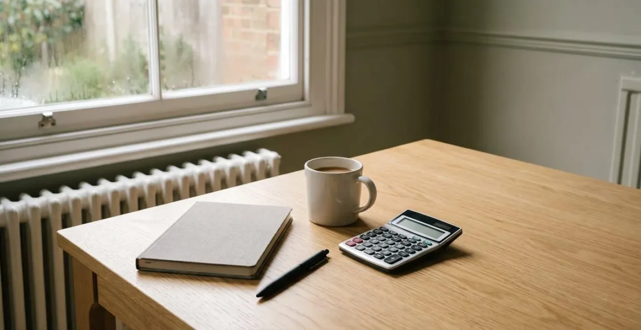 Realistic wide-angle view of a UK household financial planning scene with natural lighting and clean composition