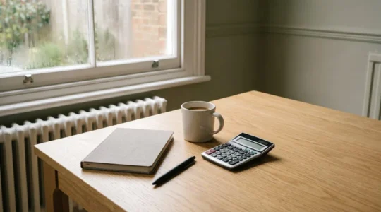 Realistic wide-angle view of a UK household financial planning scene with natural lighting and clean composition