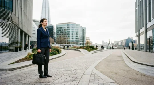 Professional navigating career crossroads in modern UK workplace environment