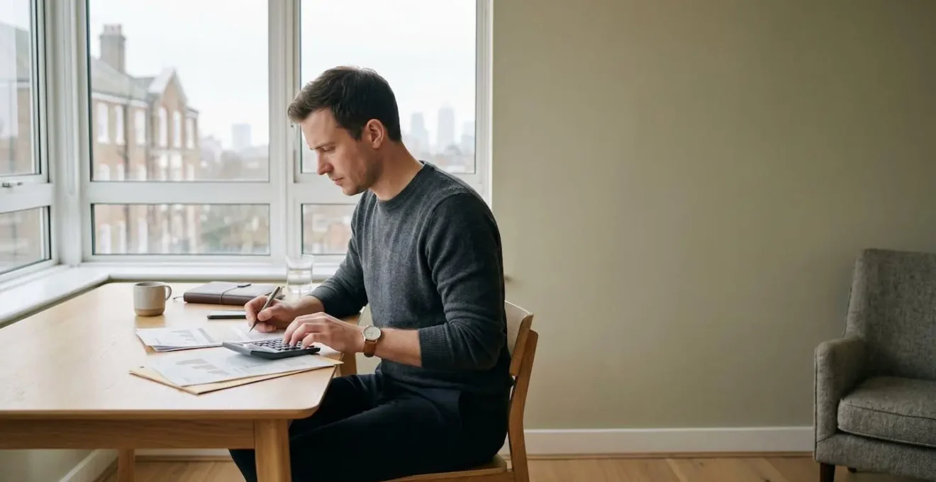 Person reviewing financial documents with subtle UK architectural elements in background showing careful budget planning