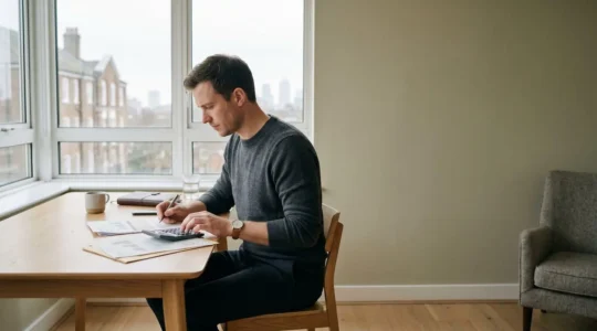 Person reviewing financial documents with subtle UK architectural elements in background showing careful budget planning
