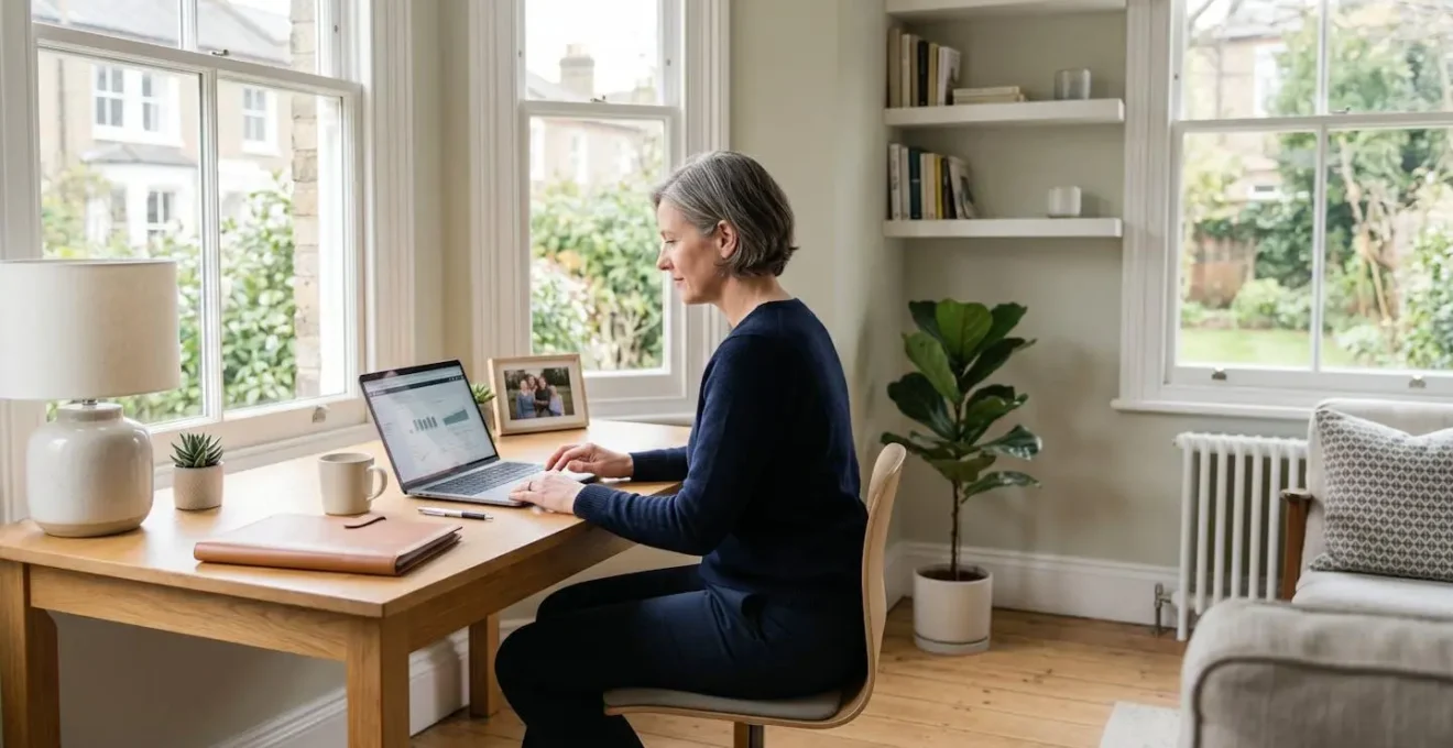 Professional photograph showing an individual reviewing retirement planning documents in a modern UK home setting with natural lighting
