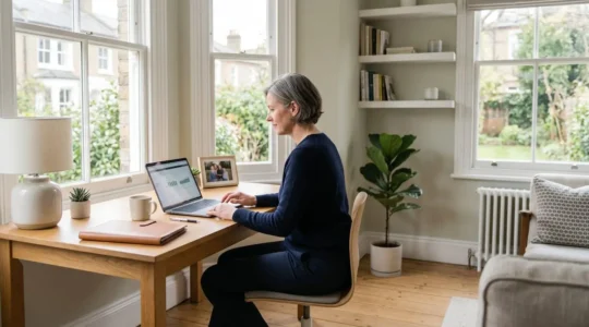 Professional photograph showing an individual reviewing retirement planning documents in a modern UK home setting with natural lighting