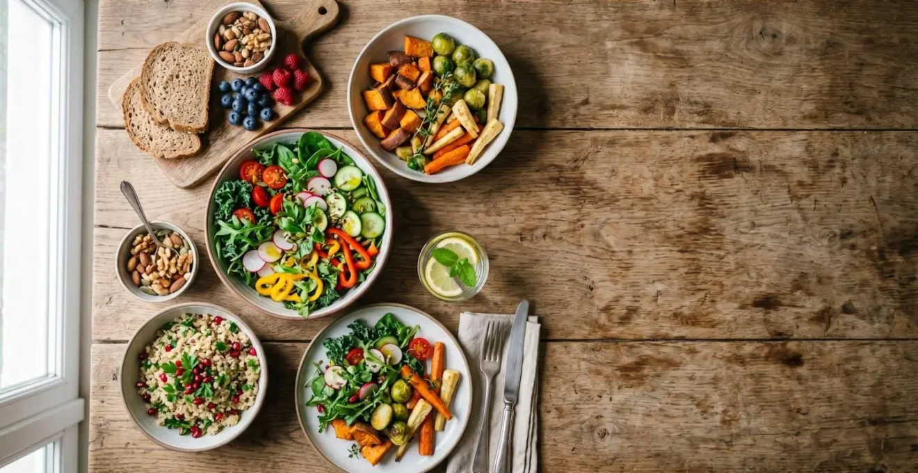 A vibrant and balanced meal featuring colorful vegetables, whole grains, and healthy ingredients representing nutritious eating for vitality