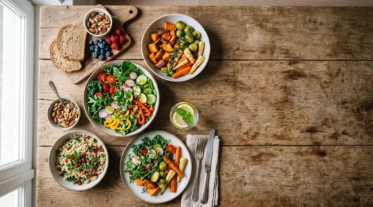 A vibrant and balanced meal featuring colorful vegetables, whole grains, and healthy ingredients representing nutritious eating for vitality