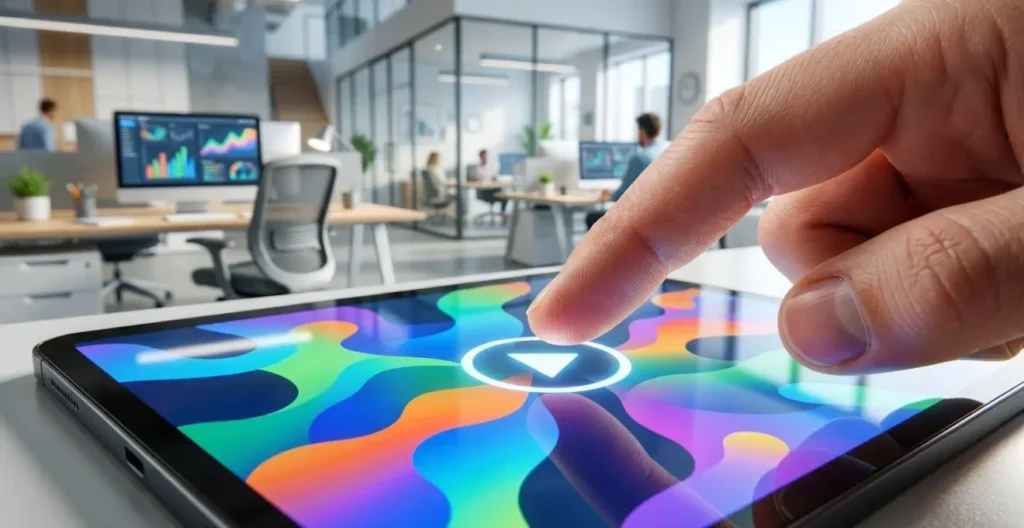 Extreme close-up of an index finger about to tap a play button icon on a tablet screen displaying a colourful animated data chart Extreme close-up of an index finger about to tap a play button icon on a tablet screen displaying a colourful animated data chart